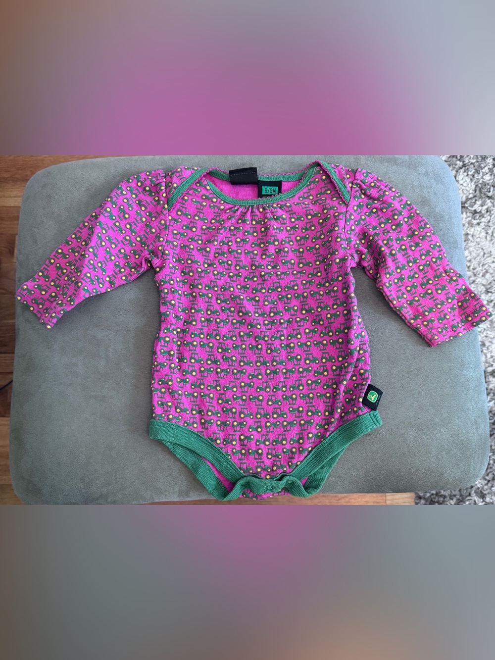 John Deere Pink One-Piece with Green Trim and Tractor Print